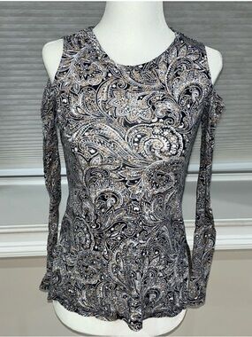 Michael Kors Black, White & Tan Paisley Cold-Shoulder Blouse